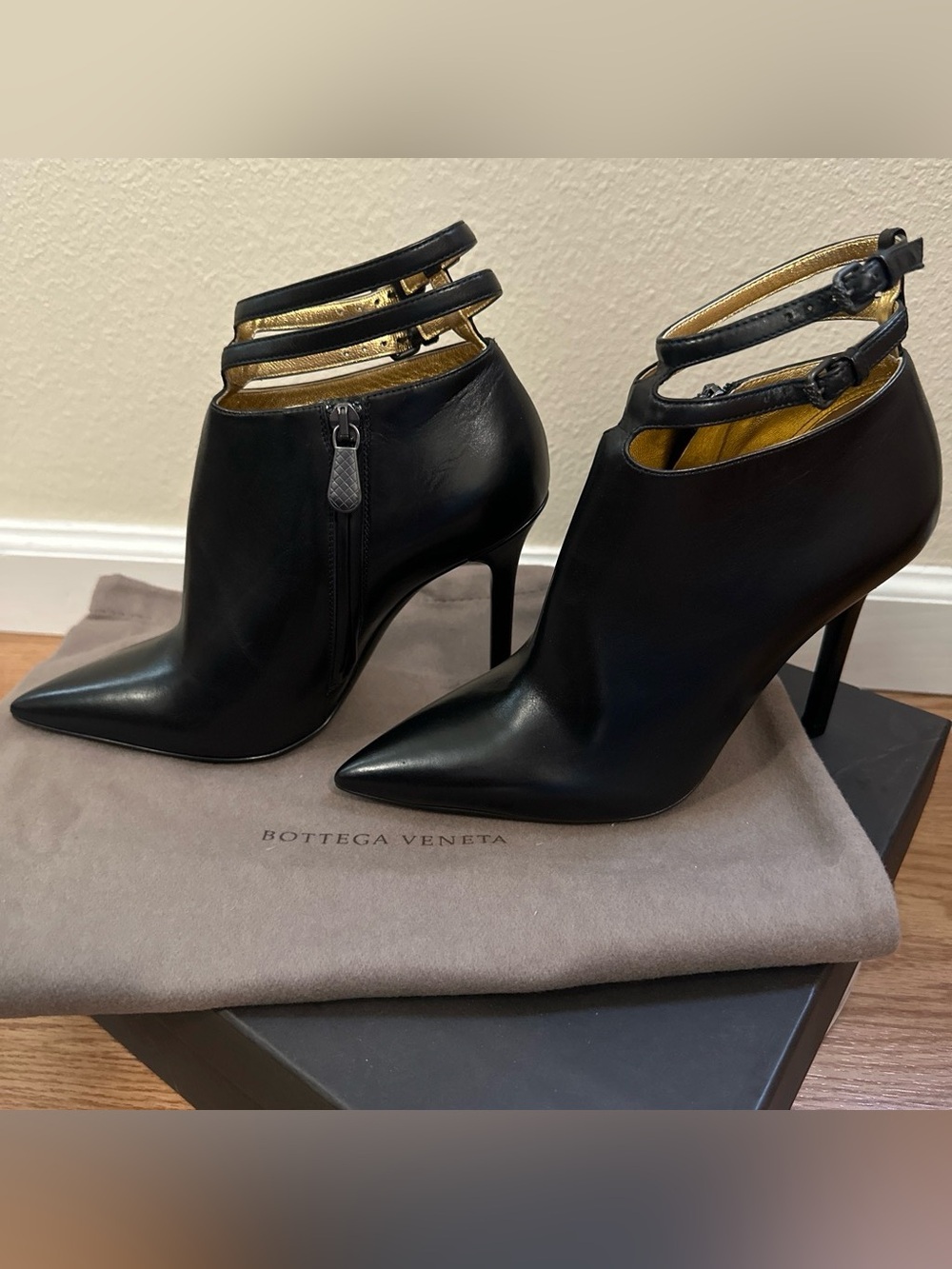 Bottega Veneta Black Leather Pointed Ankle Booties with Triple Straps